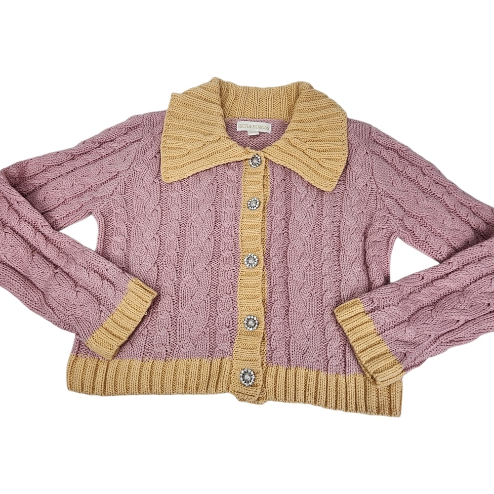 Rich & Famous NWT Sicily Crop Cardigan Sweater Grannycore Knit Collar Bling Boxy - Picture 4 of 16